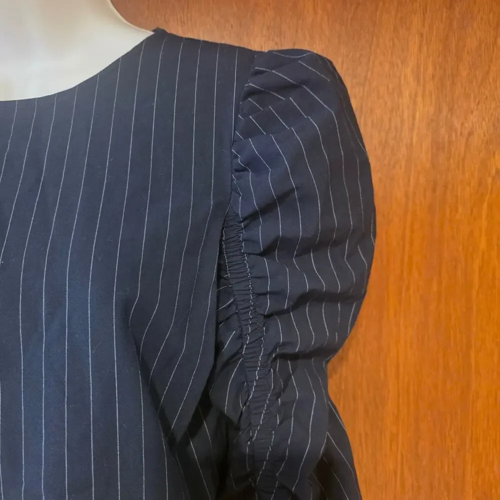 Zara Woman blue pinstripe ruched puff sleeve blouse sz XS